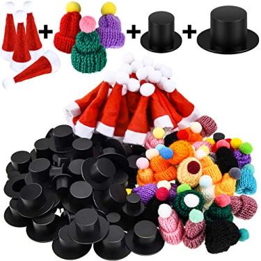 Imagem de 120 peças mini chapéu de malha de Natal mini chapéu de Papai Noel chapéu de Natal preto plástico chapéu de Natal boneca de Natal artesanato chapéu para enfeites de árvore de Natal DIY artesanato decor
