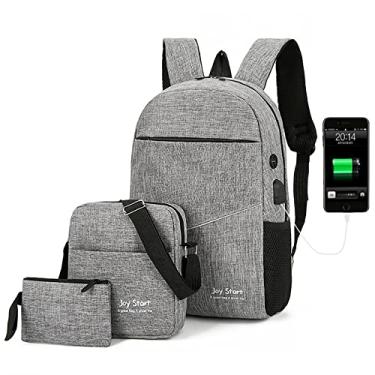 Imagem de Mochila para laptop 3 peças/conjunto masculino casual grande capacidade mochila esportiva carregamento USB 15,6 polegadas computador viagem de negócios diurna, cinza, 43 * 29 cm