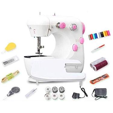 Imagem de Máquina de costura doméstica mini máquina de costura multifuncional elétrica pequena máquina de costura manual (18 acessórios gratuitos) rosa branco atualizado