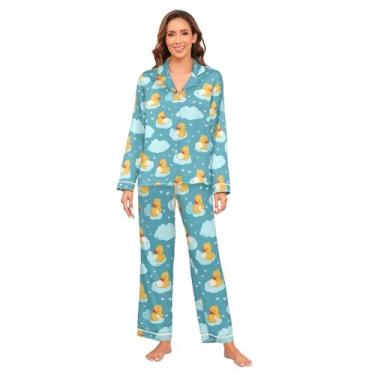 Imagem de KLL Conjunto de pijama de seda azul e verde patos nuvens conjunto de pijama confortável perna larga seda para dormir pijama despedida de solteira, Nuvens de patos verdes azuis, XXG