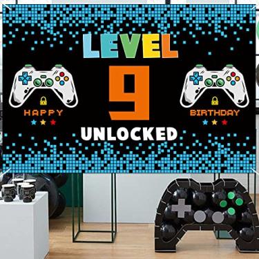 Imagem de 1,2 m x 1,8 m Feliz aniversário de 9 anos decorações de festa banner azul e preto – Nível 9 Desbloqueado Photo Booth Pano de fundo Suprimentos de festa para meninas e meninos