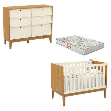 Imagem de Berço Americano e Cômoda 6 Gavetas Unique Freijó Off White Eco Wood com Colchão Gazin -...