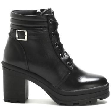 Imagem de Bota Montaria Cano Curto em Couro Salto Plataforma Tratorado, Preta para Mulheres (Preto, BR, Adulto, Numérico, 37)