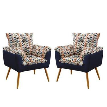 Imagem de Kit 2 Poltronas Almofadadas Beta Sued Estampado Laranja com Azul Marin
