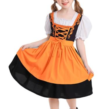 Imagem de FYMNSI Fantasia Oktoberfest para meninas, crianças, adolescentes, vestido tradicional alemão bávaro Dirndl com avental de empregada e roupa de Halloween, Laranja, 14-16 Years