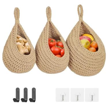 Imagem de Cesta de frutas pendurada para cozinha, conjunto de 3 com 6 ganchos fortes, cestas de frutas e legumes, cestas de cozinha decorativas tecidas à mão para batata, cebola e alho (conjunto de 3 marrons)