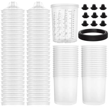 Imagem de YAYODS Pacote com 45 forros de copo e sistema de tampa para pistola de pulverização, copos de tinta 800 ml, kit com 45 forros de copo de mistura, 45 tampas, 20 plugues, 1 copo rígido com anel de