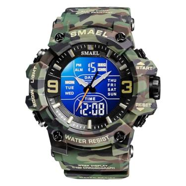 Imagem de FANMIS Relógio masculino analógico digital para esportes ao ar livre, militar, multifunções, LED, eletrônico, grande, com visor duplo, luminoso, à prova d'água, Camuflagem verde, Japonês