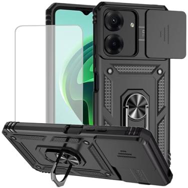 Imagem de Yodueiv Capa para Redmi 13C, capa Poco C65 com protetor de tela de vidro temperado e capa de câmera deslizante, anel magnético suporte de carro capa protetora para Xiaomi Redmi 13C preta