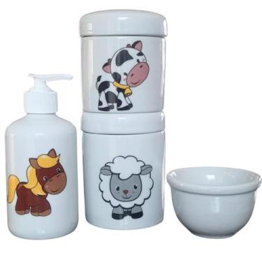 Imagem de Kit higiene bebê Fazendinha 4 peças - potes, porta álcool e molhadeira