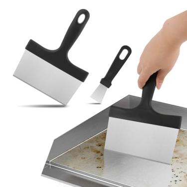 Imagem de Pacote com 2 raspadores de grelha, raspador de grelha resistente, raspador de chapa de aço inoxidável com alça, espátula de revestimento para chocolate para churrasco teppanyaki de topo plano,