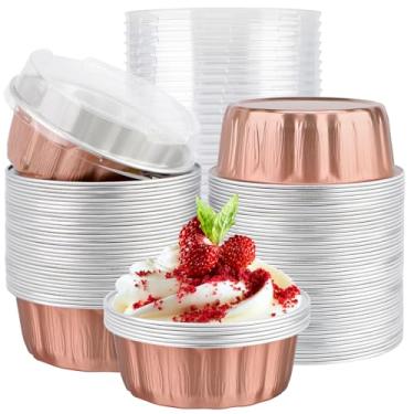 Imagem de EUSOAR Formas de bolo com tampas, 100 peças de capas de bolo de ouro rosa de 255 g e recipientes de bolo, latas descartáveis de ramequins de muffin com tampas, cupcakes, pudim de pão, suportes