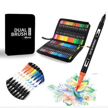 Imagem de Kit Canetinhas Coloridas 48 Cores com Pontas Duplas, Conjunto Caneta Brush para Livros de Colorir para Crianças e Adultos, Canetinha Brush para Desenho, Ponta Fina e Pincel
