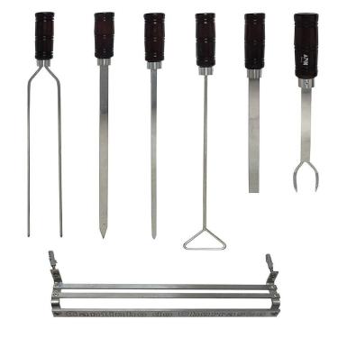 Imagem de Kit Churrasco 7 Peças Espetos Garfo Batedor Suporte Mexedor