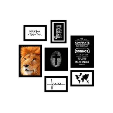 Imagem de kit 7 Quadros Decorativos Leão Religioso Frases Biblicas Motivacionais