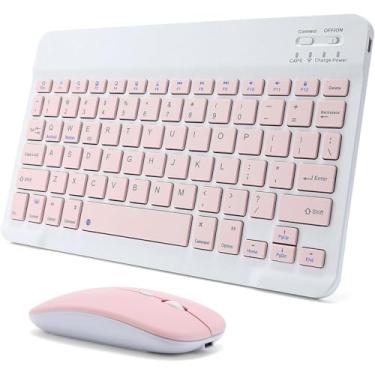 Imagem de Combo Teclado e Mouse Bluetooth Sem Fio, Ultrafino e Recarregável - Compatível com Tablets Android, iPhone, iPad, Windows Surface e Mais (Rosa)