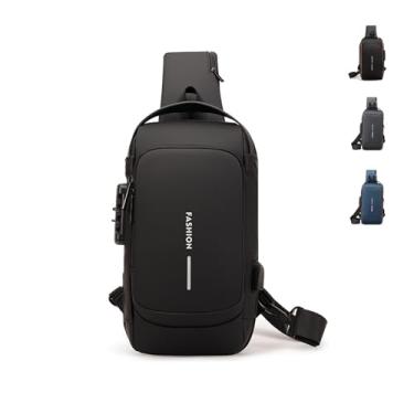 Imagem de Bolsa tiracolo masculina multiuso com USB leve e casual no peito mochila para caminhadas e viagens, Preto, 12×6.6×2.7inch