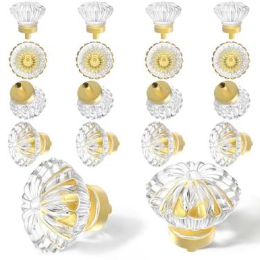 Imagem de Puxadores de armário de cristal dourado escovado, maçanetas de armários de armário com 16 unidades, flor, vintage, cristal transparente, pequeno puxador, para armário, gavetas, armário, liga sólida