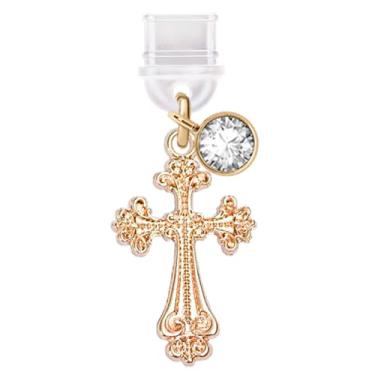 Imagem de ELISE & FONDA Porta de carregamento tipo C TP592, plugue antipoeira, pingente para celular Little Cross para iPhone 15/16/Samsung/OnePlus/Xiaomi/oppo telefones Android (dourado)