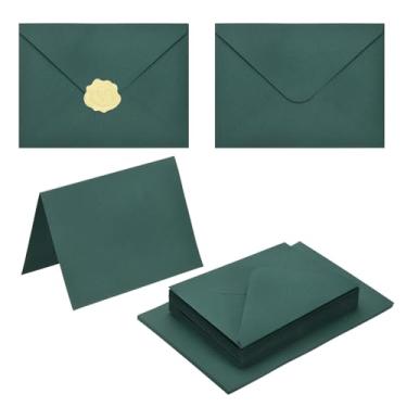 Imagem de PATIKIL Pacote com 50 envelopes verdes escuros 10 x 15 cm com cartões, envelopes A6 com aba em V com cartolina e adesivos dourados para cartões comemorativos de casamento, convites de aniversário