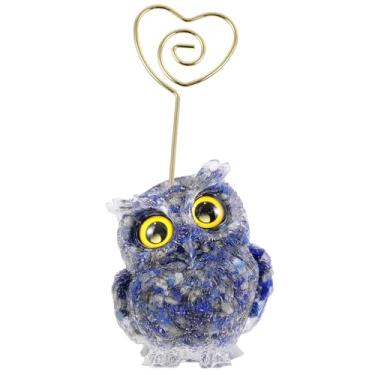 Imagem de Nupuyai Suporte de clipe de cartão de coruja de resina esculpida em pedra de coruja com clipe de coração, clipe de memorando, decoração de escritório em casa, lápis-lazúli
