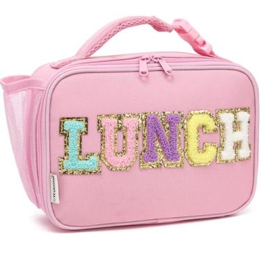 Imagem de FlowFly Lancheira infantil, lancheira escolar com isolamento durável com suporte de garrafa, bolsa térmica pequena térmica para meninos e meninas adolescentes, PinkWithLetter