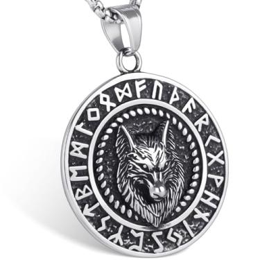 Imagem de LuxGoth Colar com pingente de medalhão de cabeça de lobo de aço inoxidável, gótico, punk rock, emoção, motociclista, cosplay, vintage, lobo viking, runas, joias para homens e mulheres, prata