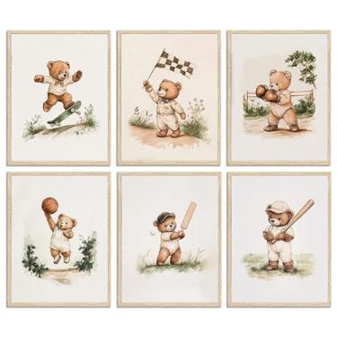 Imagem de 6 peças de arte de parede de urso de bebê vintage urso de pelúcia esportes decoração de parede berçário impressões esportivas tela menino quarto crianças animais pôsteres pintura arte para quarto sala