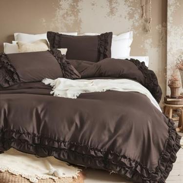 Imagem de Conjunto de capa de edredom marrom escuro elegante com babados Queen Shabby Chic Lace Ruffle Boho decoração de quarto vintage estilo boho capa de edredom chocolate com fronhas