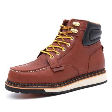 Imagem de MWORK Bota de trabalho masculina moc toe macia de 15 cm, couro de flor integral premium, sola de cunha mais resistente à abrasão, óleo e deslizamento, classificação EH, suporte de arco antifadiga