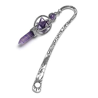 Imagem de Top Plaza Marcador de página de metal vintage exclusivo religioso prata estrela sol lua com cristais de ametista pedra de cura pingente de ponta hexagonal