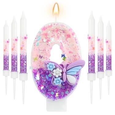 Imagem de AKURIEEY Vela de aniversário borboleta roxa número 0 com 6 peças velas longas para meninas, enfeite de bolo, decoração de cupcake, decoração de festa, aniversário, celebrações, suprimentos