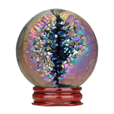 Imagem de Rockcloud Esfera de cristal de quartzo colorida revestida de titânio com suporte de madeira, esfera geodo de cristal de rocha natural para decoração de casa de adivinhação, 51-60 mm