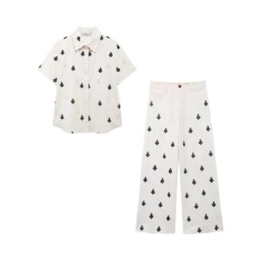 Imagem de Conjunto Vintage Chic Feminino Bordado - Blusa e Calças Soltas para Fé