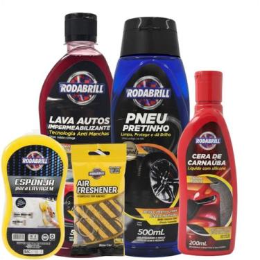Imagem de Kit Limpeza Automotiva Lava Autos + Pneu Pretinho + Cera + Esponja Bri