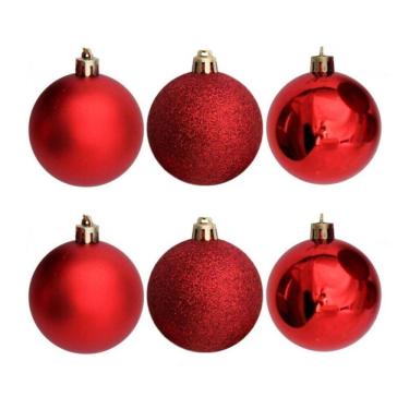 Imagem de Conjunto 6 Bolas de Natal Vermelho Prime Texturas Mistas 5cm Glitter, Brilho e Fosca
