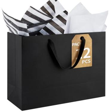 Imagem de Ohuimrt Sacos de presente grandes de 40 x 15 x 30 cm com papéis de seda, 12 peças de sacos de papel Kraft pretos com alças, sacos de embrulho de presente a granel para compras, aniversário, varejo e