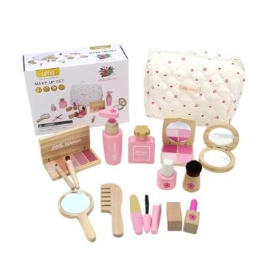 Imagem de Conjunto de Maquiagem Infantil em Madeira, 17 Peças, Cosmético de Brinquedo com Estojo, Rosa e Natural, para Crianças Acima de 3 Anos, com Espelho e Pente
