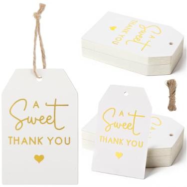 Imagem de 50 etiquetas Sweet Thank You com cordão, etiquetas de presente de folha dourada, etiqueta de agradecimento para lembrancinhas de festa, etiqueta de presente de papel branco de 7,6 x 5 cm para