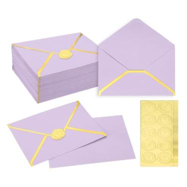 Imagem de PATIKIL Envelopes A7 100 peças, 12,7 x 17,8 cm, envelopes de convite de borda dourada, envelopes de festa de correspondência, cartões de convites de casamento, formatura, aniversário, escritório, roxo