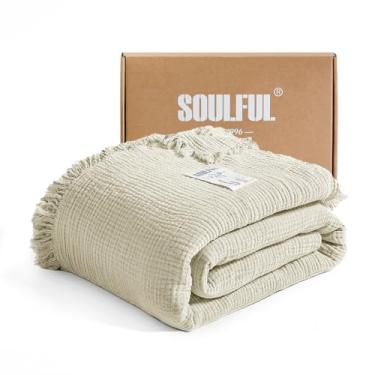Imagem de SOULFUL Cobertor de musselina com borlas - Cobertor macio de algodão king size para sofá ou cama, gaze leve e respirável para todas as estações, bege, 274 cm x 228 cm