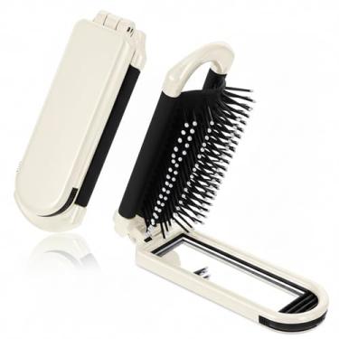 Imagem de Escova de cabelo dobrável com espelho para mulheres e meninas, mini pente de bolso com cerdas de nylon macias, ferramenta compacta de viagem para bolsa, pequeno acessório portátil para pentear o