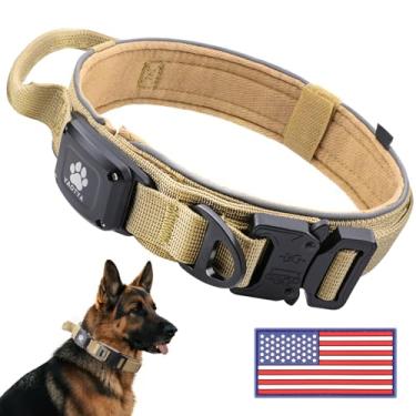 Imagem de IP68 à prova d'água para coleira AirTag, alça de controle confortável tática militar e fivela de metal e reflexiva, coleira GPS para cães Apple Air Tag de médio a grande porte (Cáqui/GG)