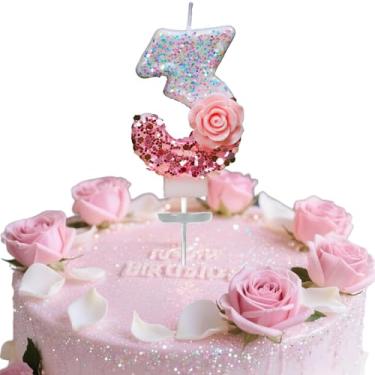 Imagem de Vela digital de aniversário, rosa rosa nº 3, vela de aniversário, adequada para meninos e meninas, aniversários e celebrações, é o presente preferido para expressar amor (número 3)