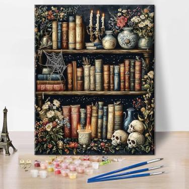 Imagem de TUMOVO Paint by Number Adult Dark Background Bookshelf DIY Canvas Paint by Numbers Home Wall Decor Gifts Gothic Themed Paints by Number Kits Crafts Relaxing and Stress Relief Game (40 x 50 cm)