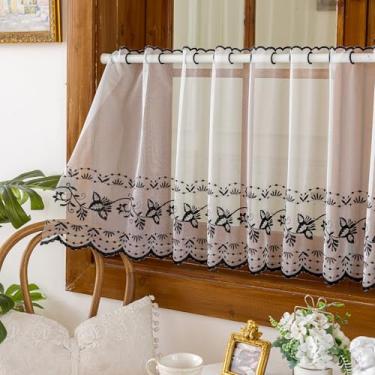 Imagem de VOGOL Saia de renda transparente preta para janelas, cortina com ilhós bordada com flores retrô para cozinha, café, banheiro, elegante saia vintage para sala de jantar, L 149 x C60, 1 painel