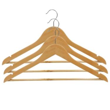 Imagem de Cabide de Madeira Envernizado com Gancho Metálico Giratório 360°, 45 cm x 22,5 cm, Acabamento em Verniz, para Roupas, Kit com 3 Unidades