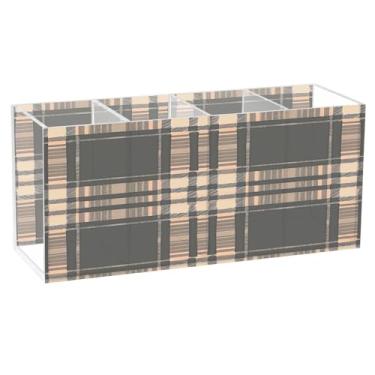 Imagem de Qilmy Porta-canetas de acrílico xadrez buffalo, preto, marrom, 3 compartimentos, porta-lápis transparente para mesa, organizador de pincéis de maquiagem, copo organizador de lápis para material