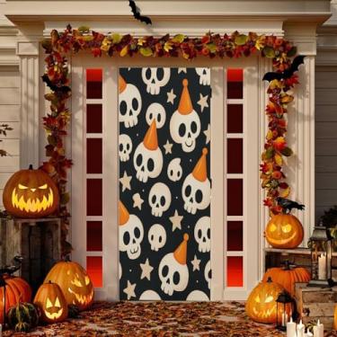 Imagem de Wassud Caveiras divertidas com chapéus decoração de capa de porta faixa interna externa decoração de casa de varanda grande decoração de porta da frente 96 x 98 polegadas