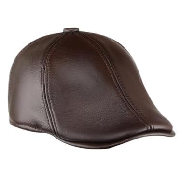 Imagem de uhyOHF Chapéu de jornaleiro irlandês masculino vintage outono inverno chapéu de caça boina de couro chapéus com aba de orelha (marrom-GG